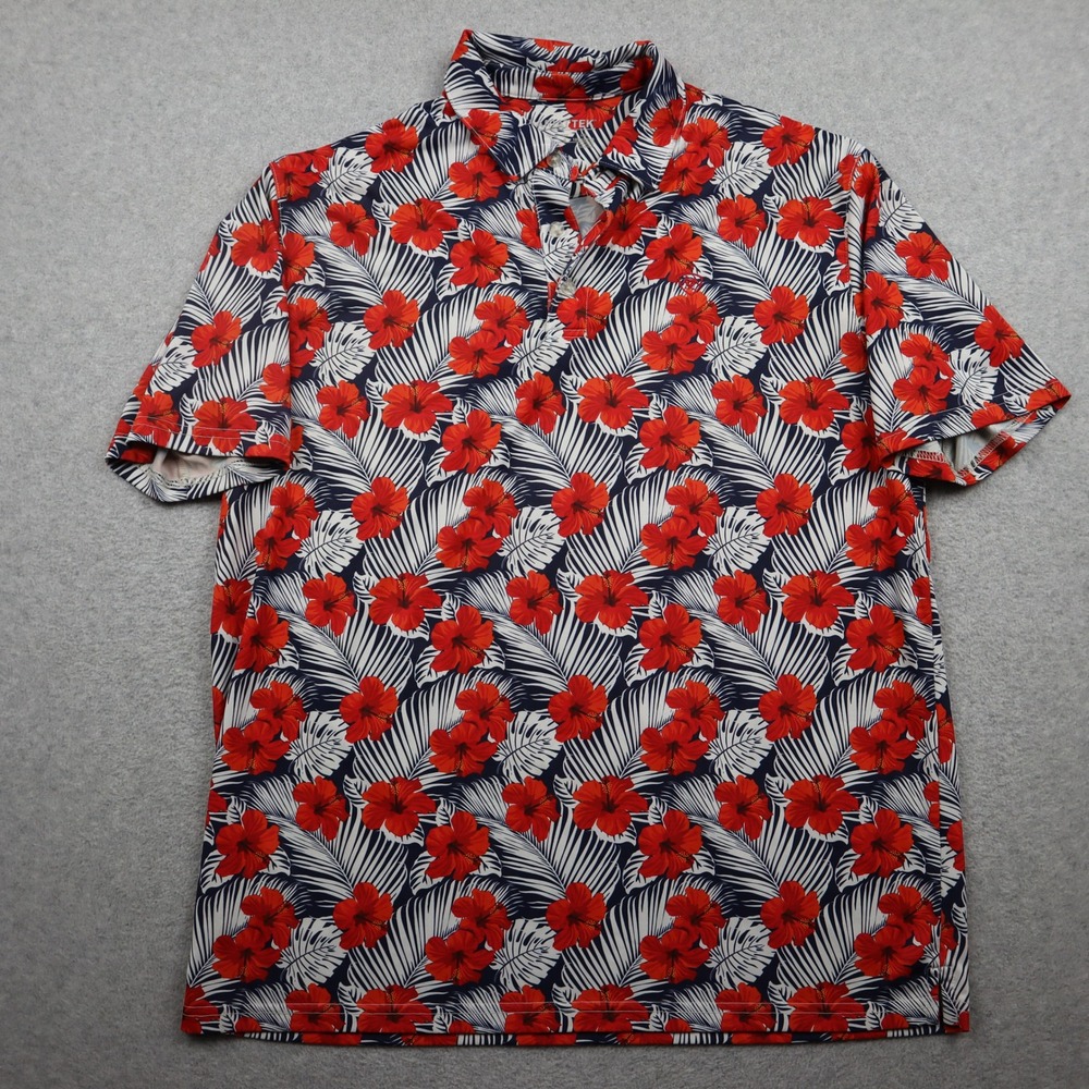 Ariat Polo Mens XL AriatTEK Short Sleeve Navy Red Hibiscus Tropical Floral Golf